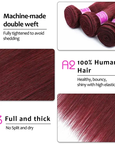 Straight 99J Burgundy Color Brazilian Hair Bundle(Value)