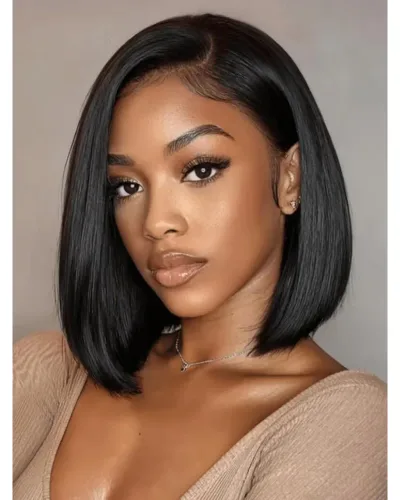 7x5 Lace Human Hair Yaki Wig 12 Inch Bob Wig Glueless Wear and Go Wig Natural Look Short Human Hair Wig for Women