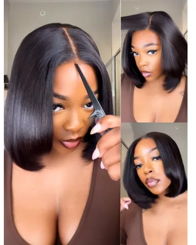 7x5 Lace Human Hair Yaki Wig 12 Inch Bob Wig Glueless Wear and Go Wig Natural Look Short Human Hair Wig for Women