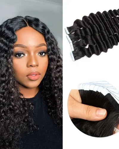 10A Deep Wave Tape Ins Human Hair Extension Natural Black